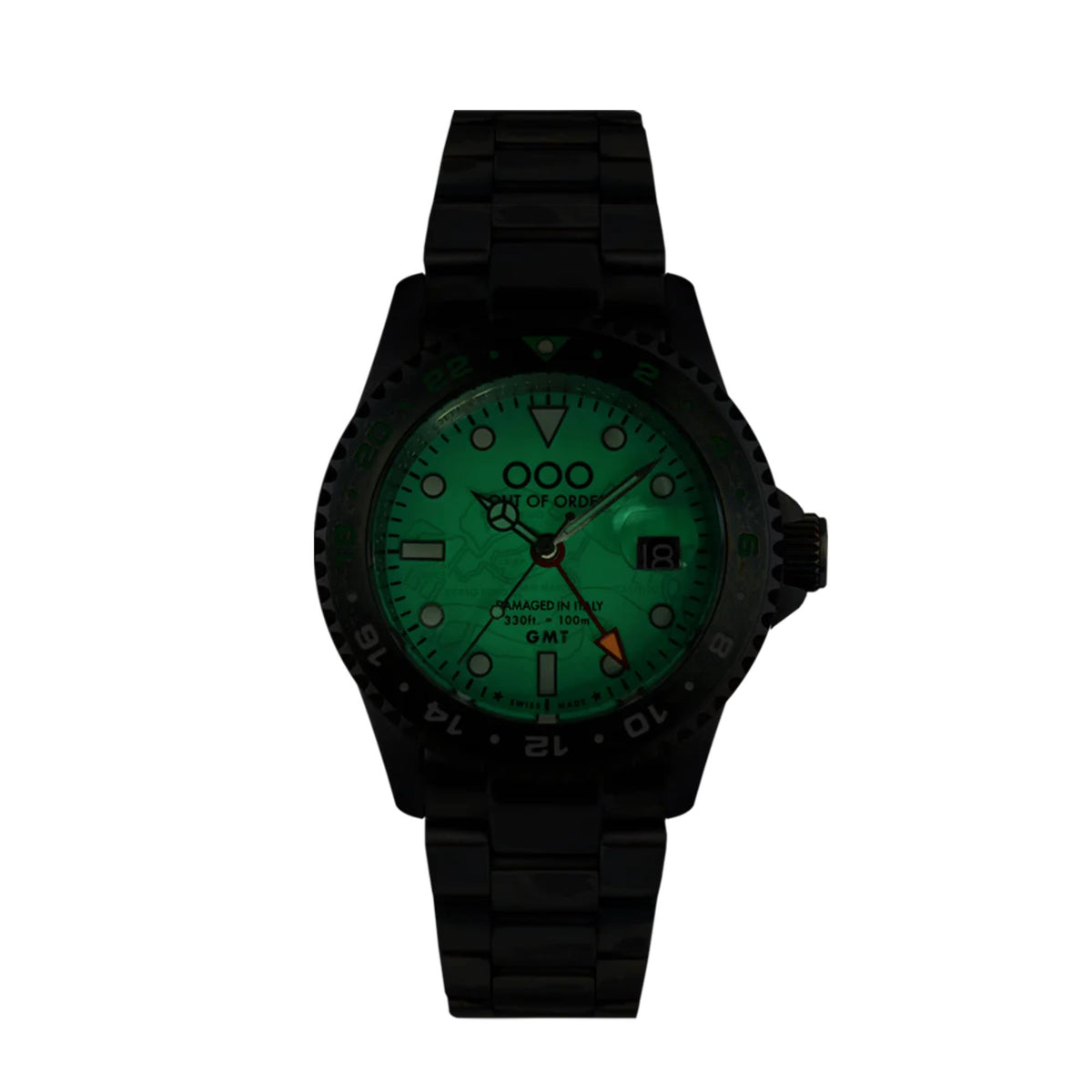 Men's distressed green dial GMT wristwatch with black steel strap and black bezel