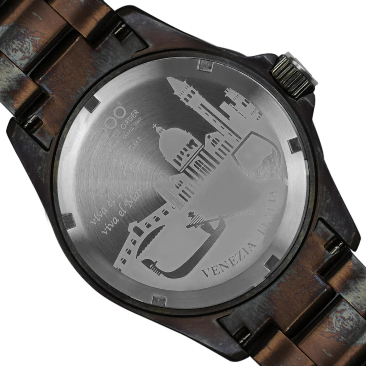Men's GMT watch caseback with engraved markings and dark strap