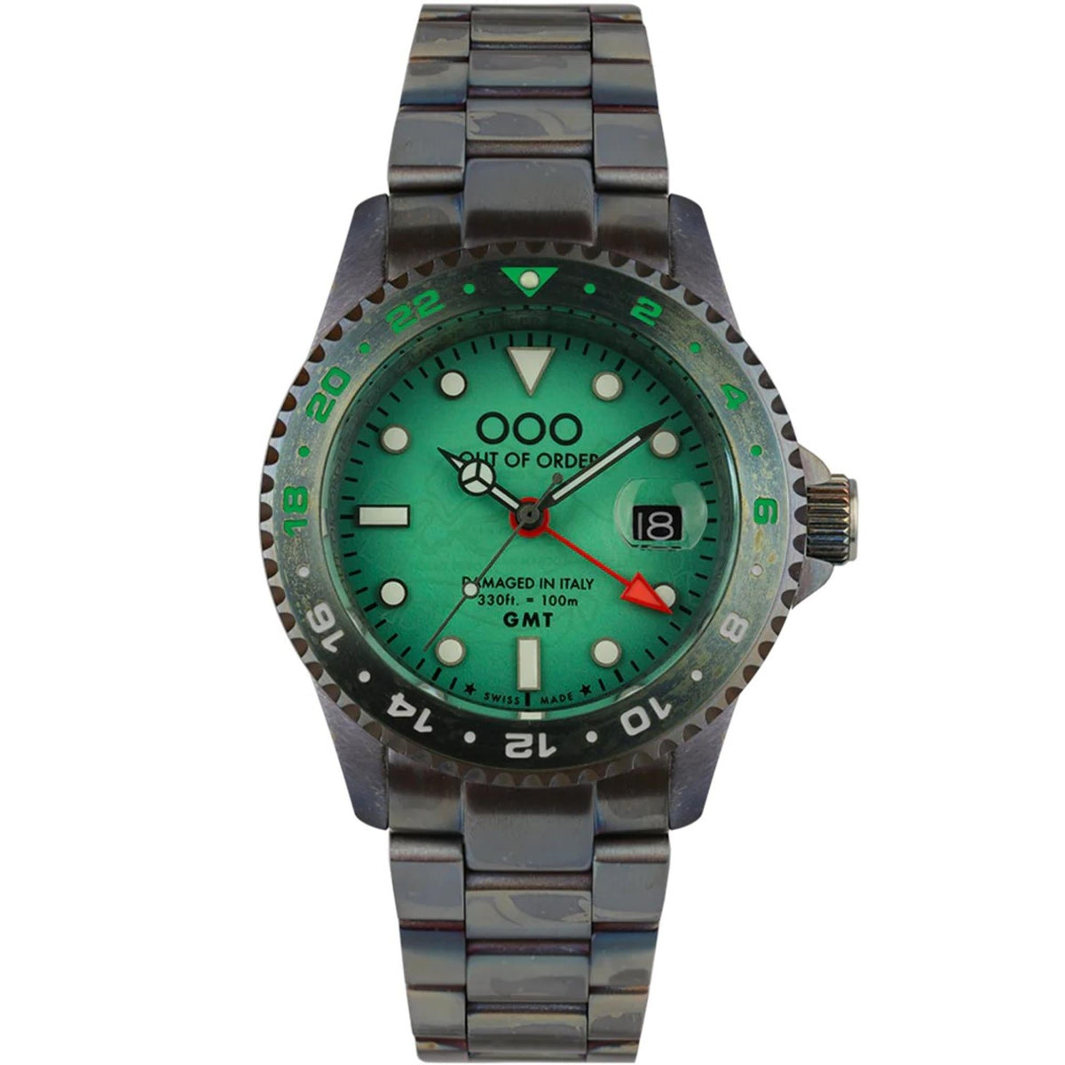 Men's green dial GMT watch with black steel bracelet, red GMT hand, and bezel numerals