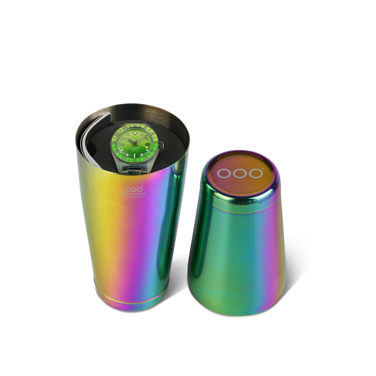 Set of two iridescent watch canisters with caps, colored rainbow finish