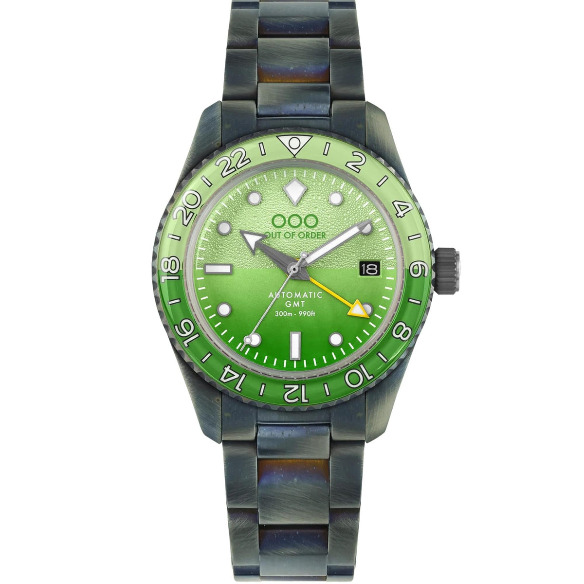 Men's automatic GMT wristwatch with green dial, black bezel numerals, and steel bracelet