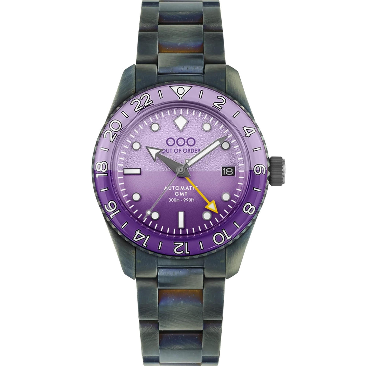 Men's automatic wristwatch with purple dial and dark steel bracelet, front view