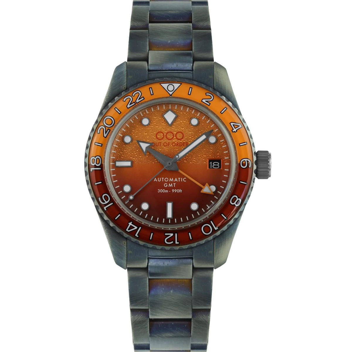 Men's automatic GMT watch with orange dial, bezel numbers, and stainless steel bracelet