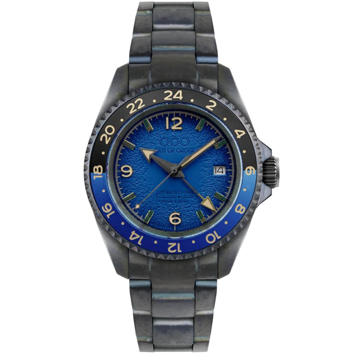 Men's automatic GMT wristwatch angled view, blue dial with gold numerals and dark steel bracelet