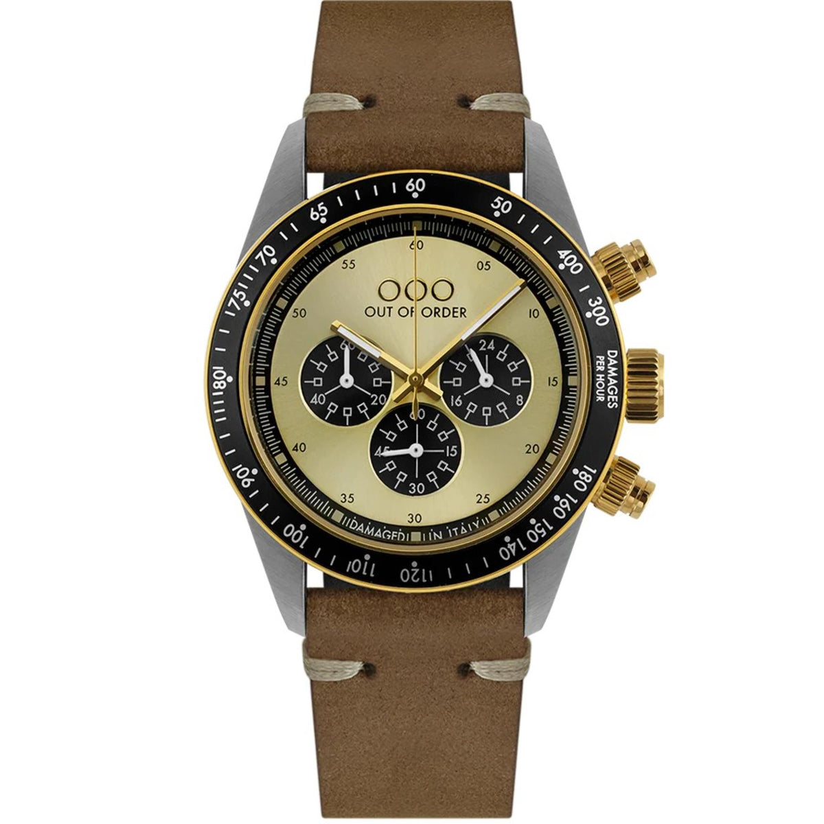 Men's gold-tone chronograph watch on tan leather strap, cream dial with three subdials