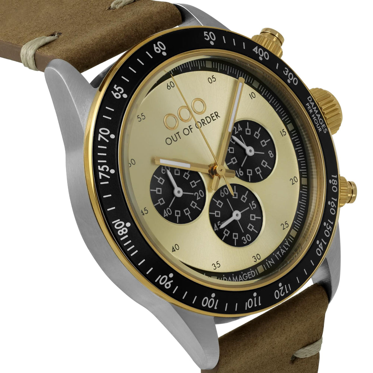 Gold-tone chrono quartz watch with champagne dial, black subdials, brown leather strap