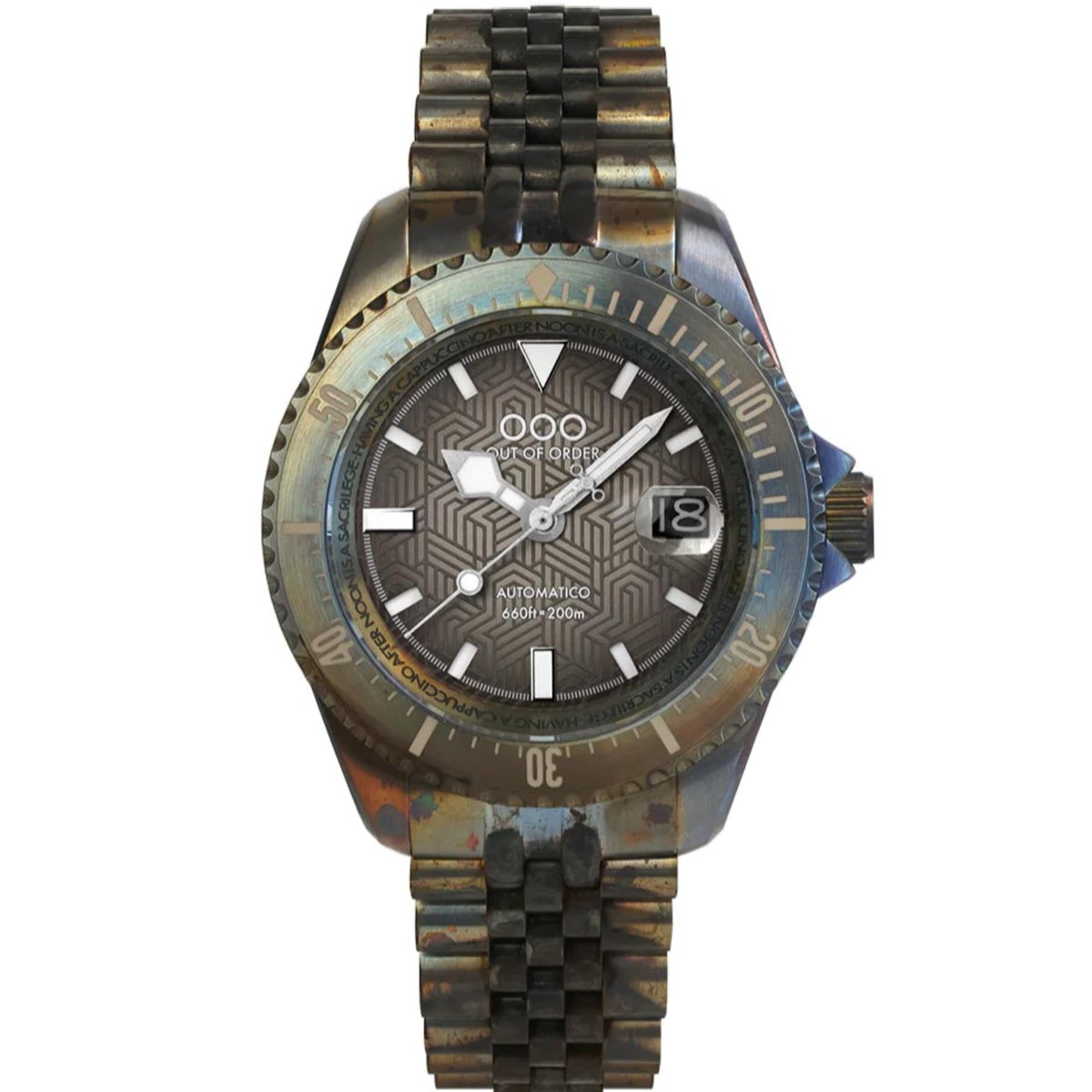 Men's automatic diver watch with bronze-tone case, dark patterned dial, date window, and metal strap