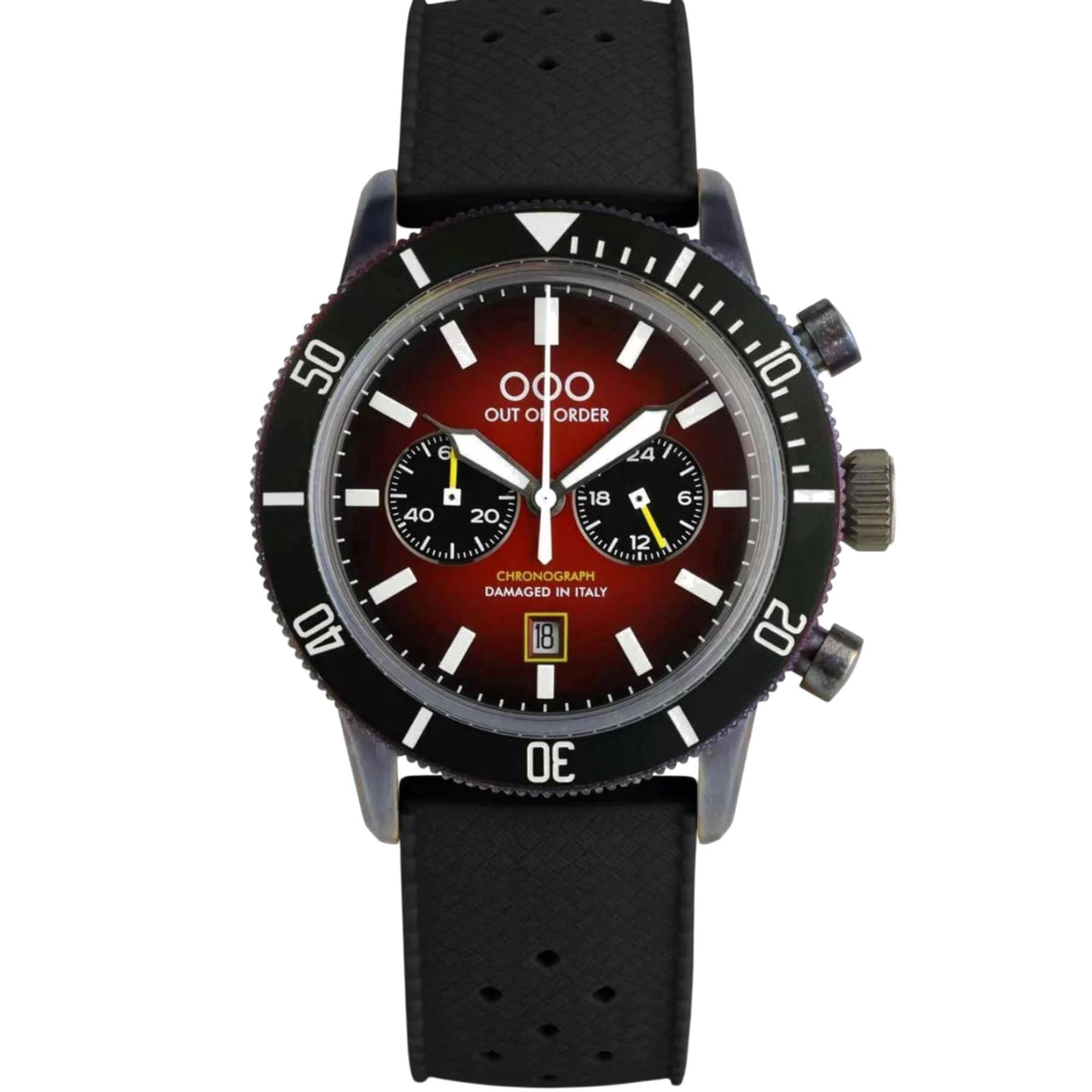 Men's chronograph watch front view with black bezel, red-brown dial, black leather strap