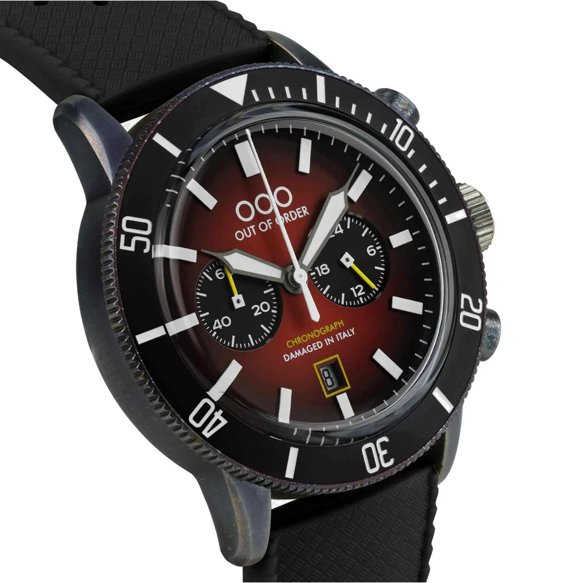 Men's chronograph watch close-up with black bezel, red dial subdials, black leather strap