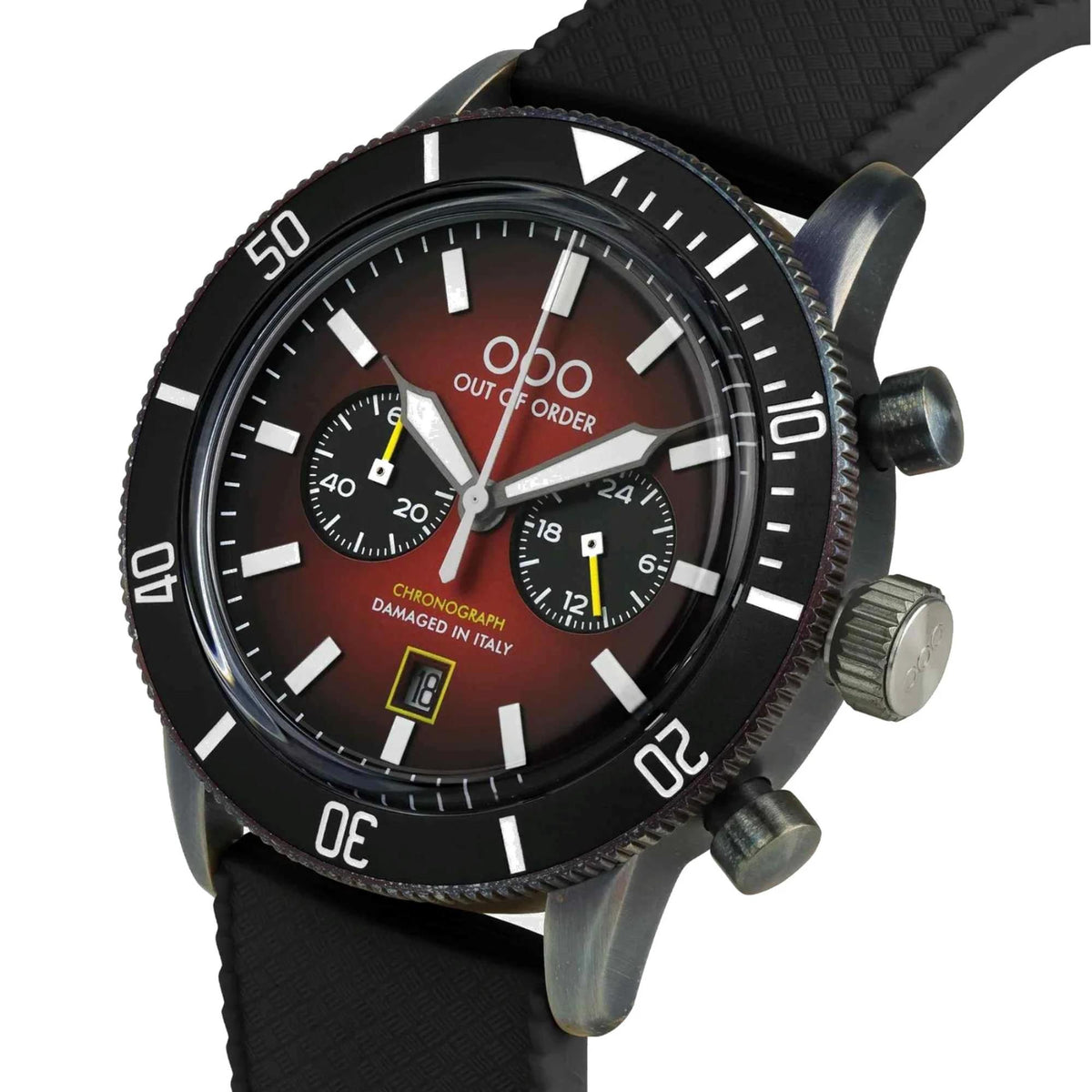 Men's chronograph watch with red dial, black bezel markers, black leather strap