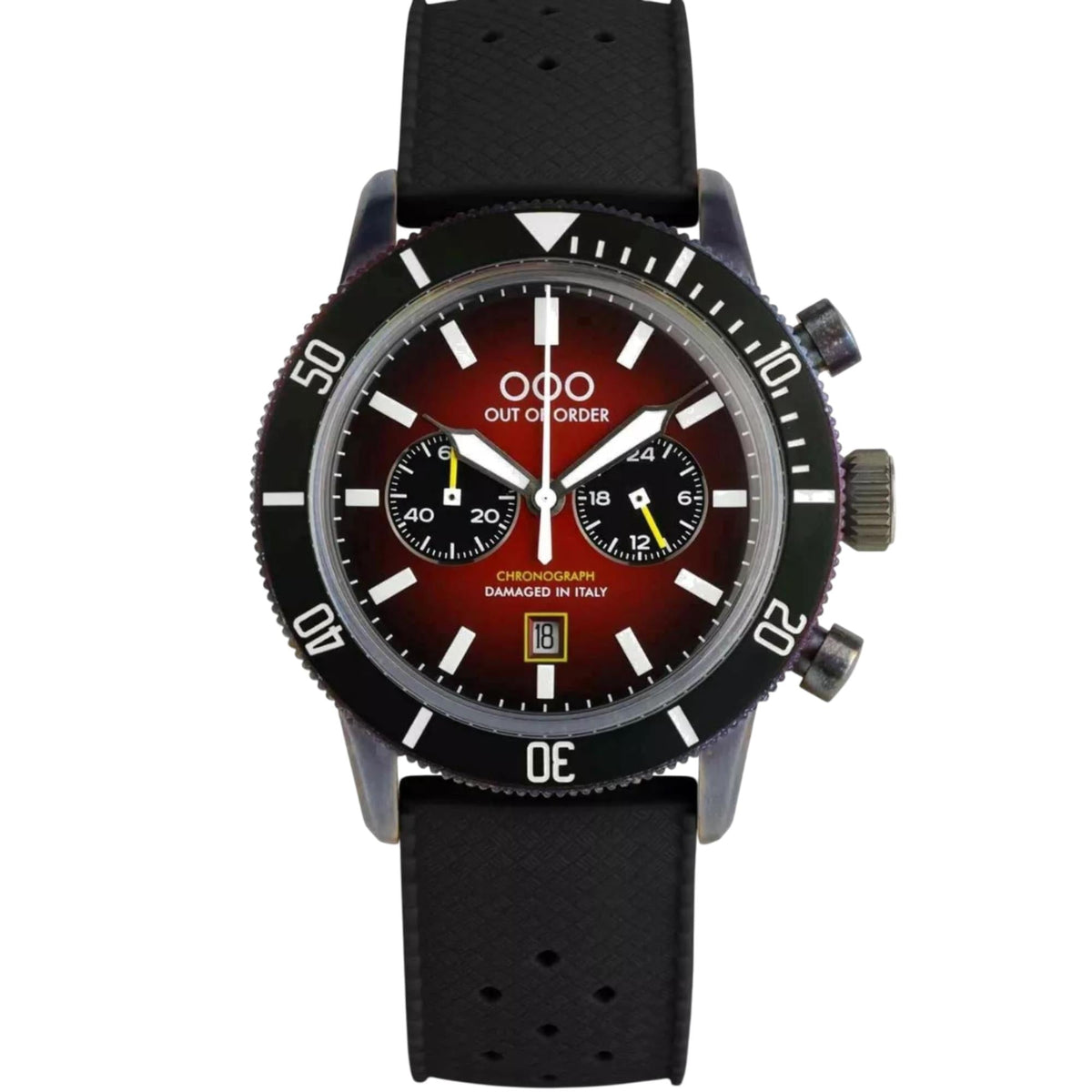 Men's chronograph watch with perforated black leather strap and red dial with subdials