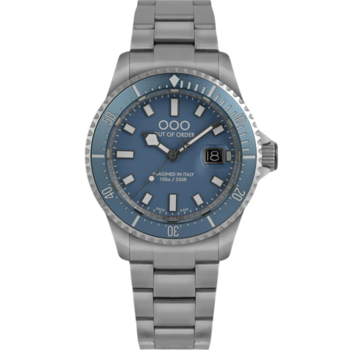 Men's stainless-steel wristwatch with blue dial and integrated steel bracelet, full view