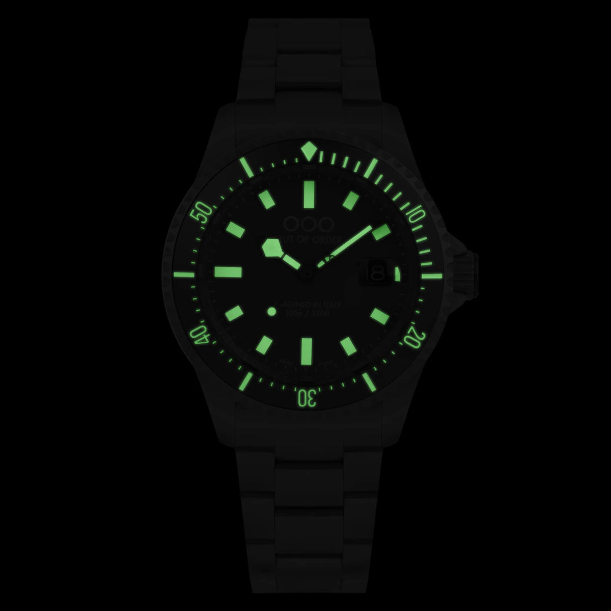 Men's black steel wristwatch with bright green luminous hands and hour markers
