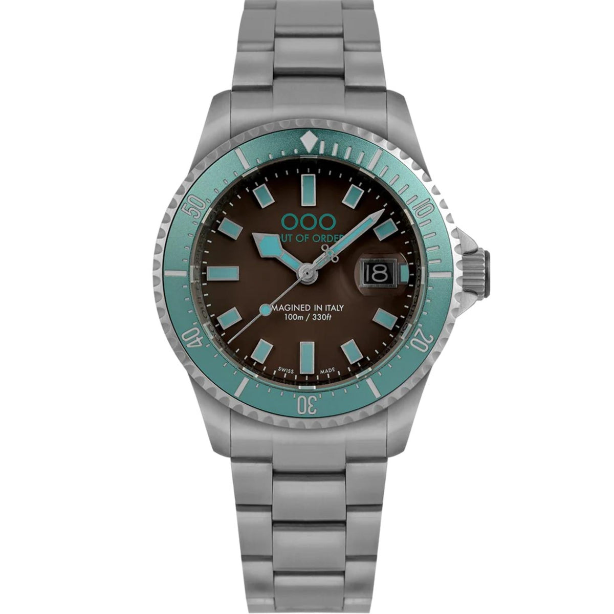 Men's steel wristwatch front view with teal bezel, dark brown dial, date window