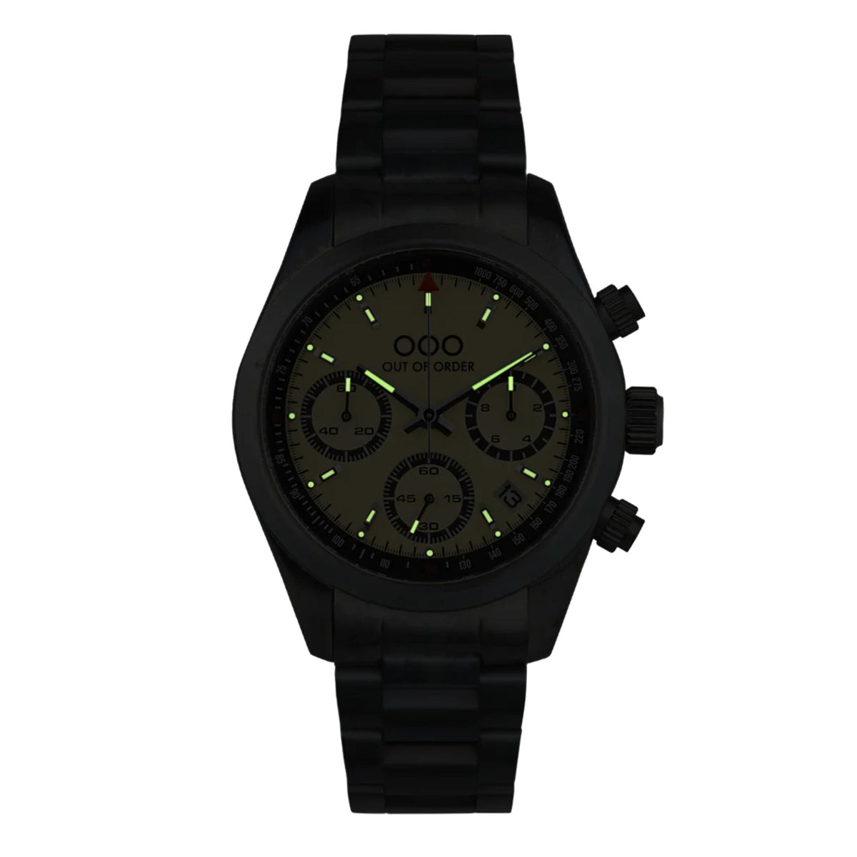 Men's sporty quartz chronograph watch with dark dial and black link strap