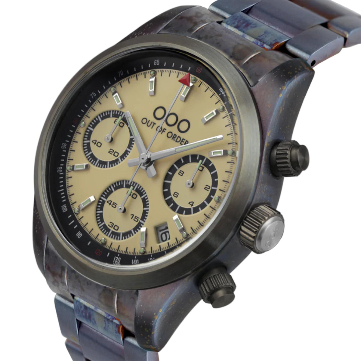 Men's sporty quartz chronograph watch, cream dial, steel strap, chronograph subdials