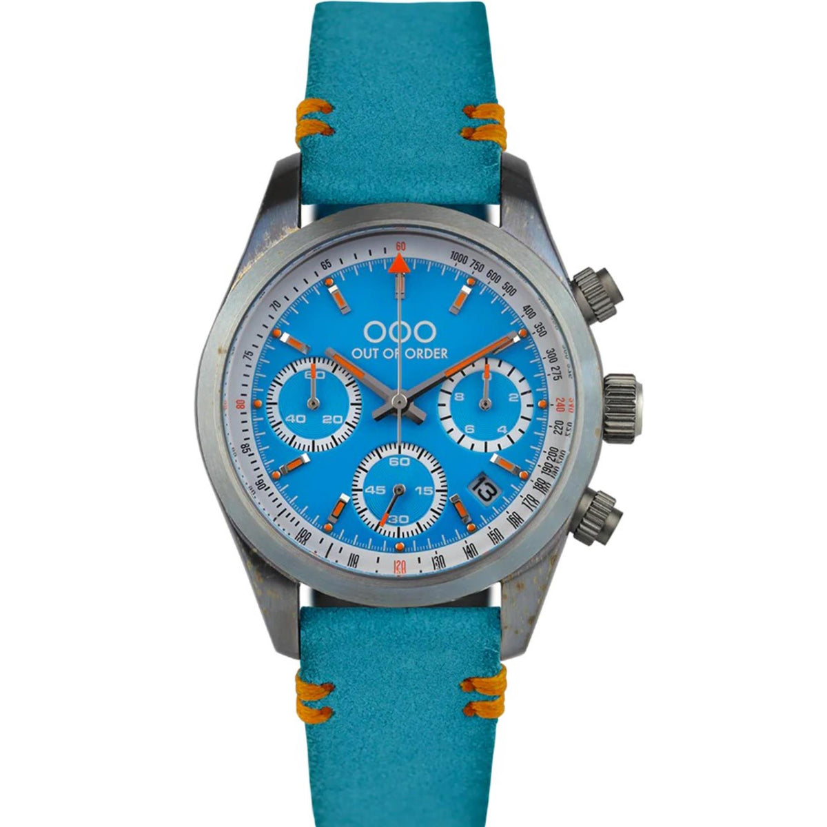 Men's chronograph quartz watch front view with blue dial, steel case, teal strap
