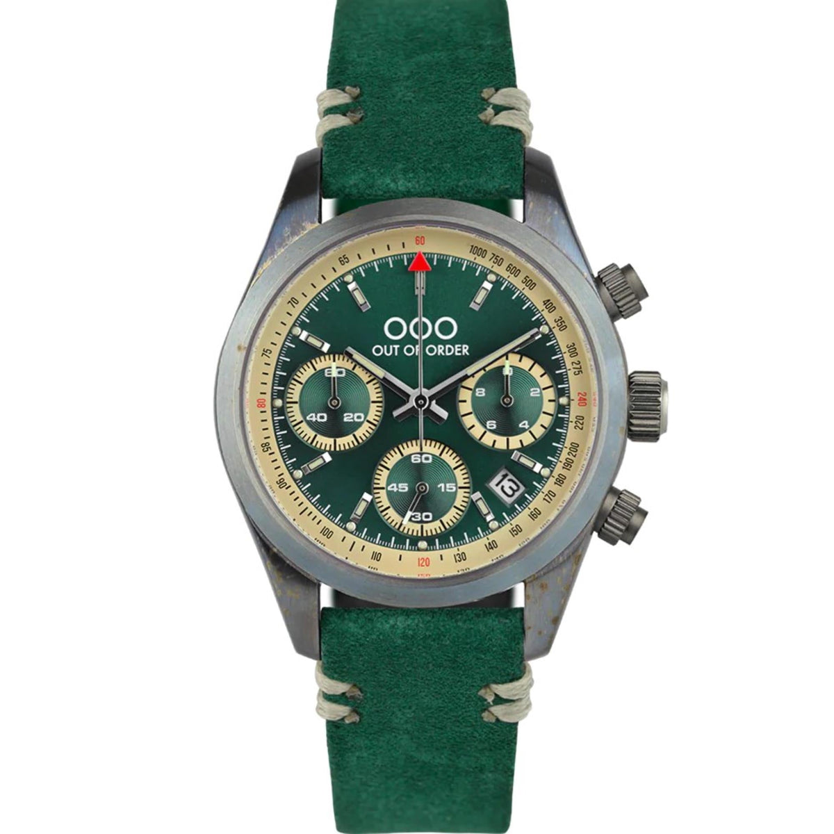 Men's sporty quartz chronograph watch with green dial, metal case, and green leather strap.