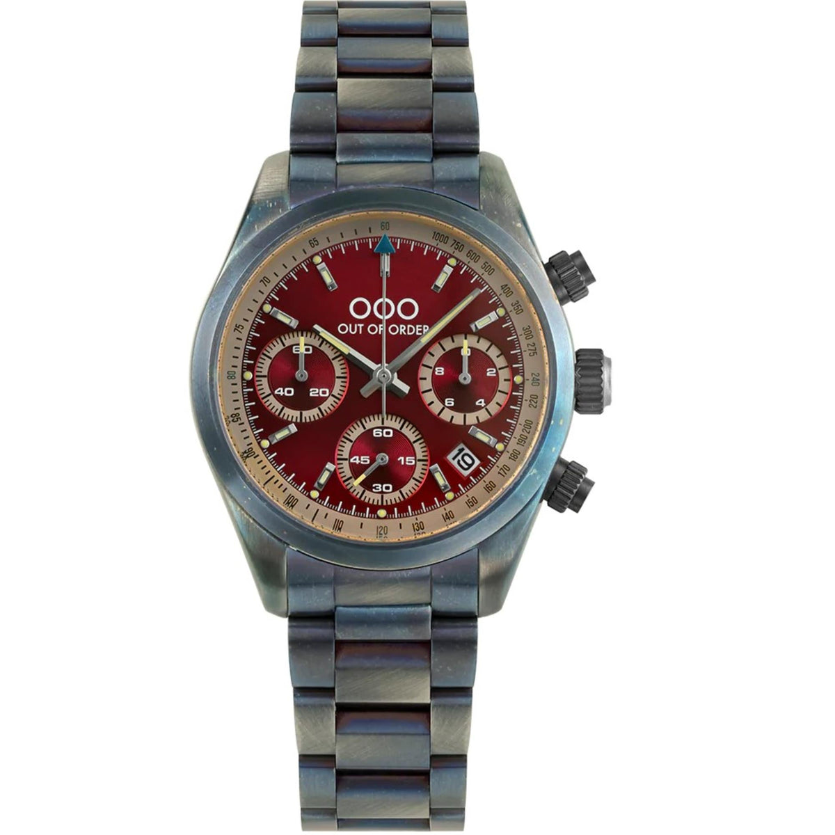 Men's chronograph quartz watch with red dial and steel bracelet, three subdials