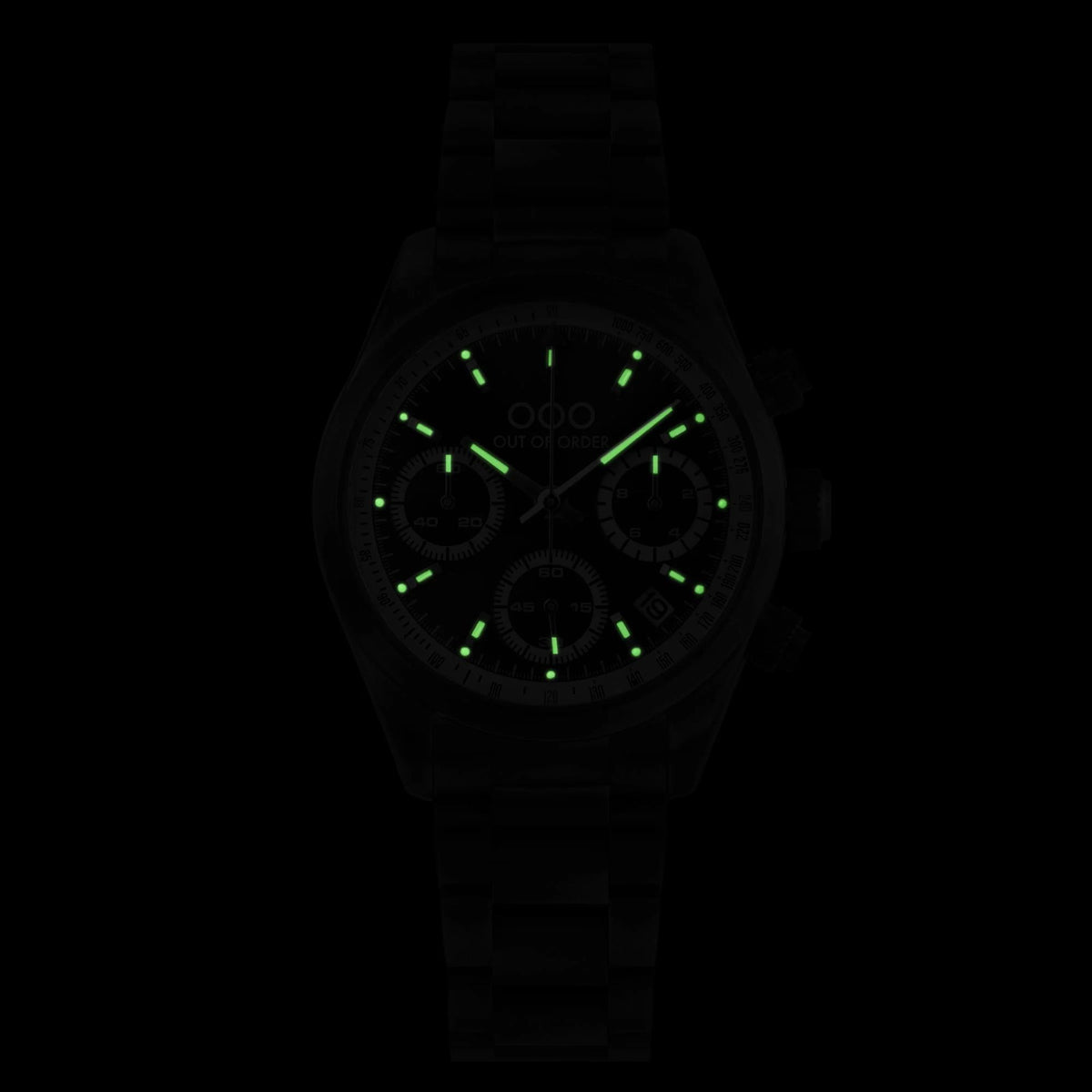 Sporty quartz chronograph watch with dark dial and green luminous hour markers