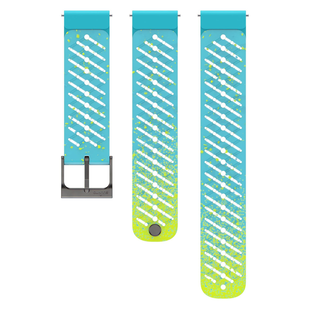 Turquoise silicone watch strap featuring white stripe pattern and neon lime back.