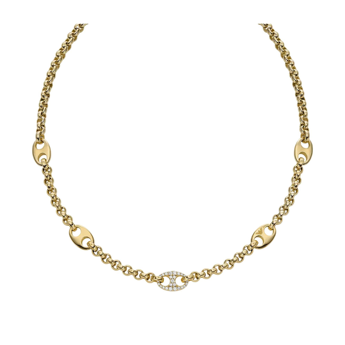 Emporio Armani gold-tone brass station necklace with oval links and pavé center
