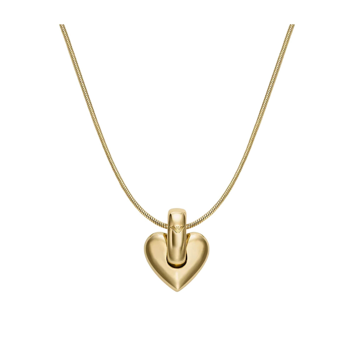Gold-tone heart pendant necklace with curved top bar and heart charm on chain
