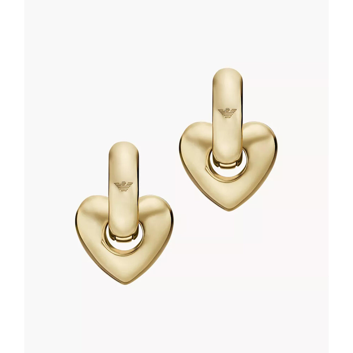 Gold-tone heart hoop earrings with inner ring, polished metal finish