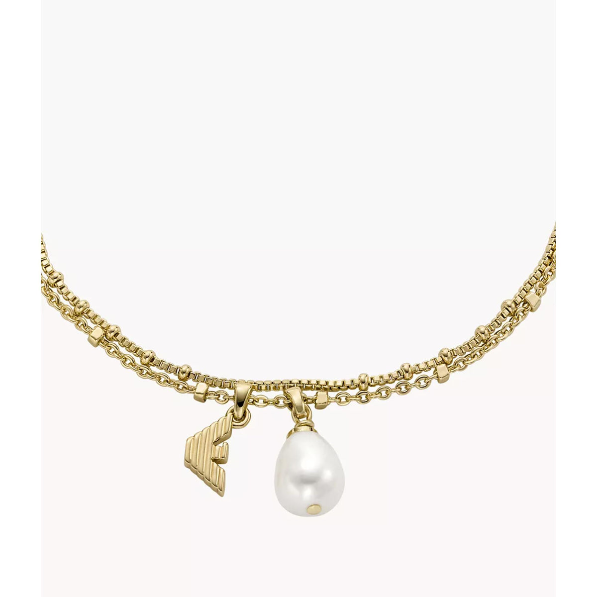 Gold-tone bracelet front view with letter charm and white pearl drop pendant