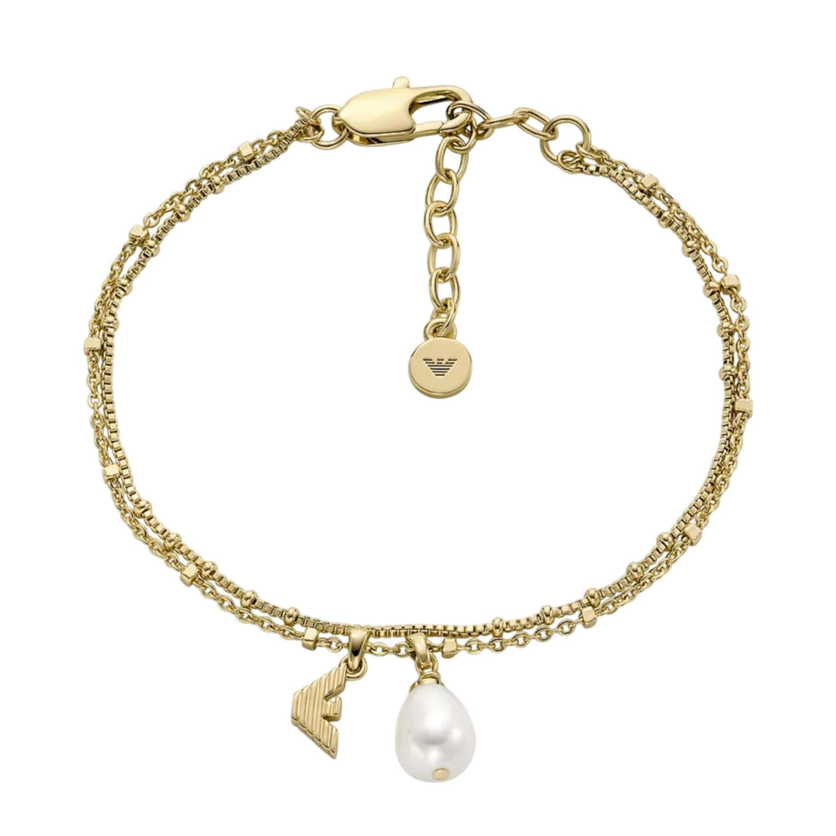 Gold-tone bracelet with heart logo charm, letter tag, and dangling pearl drop