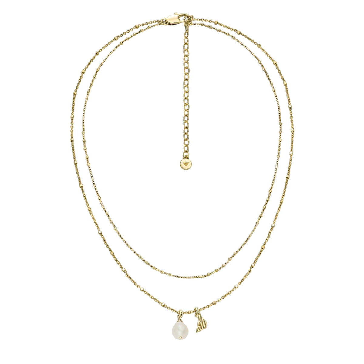 Gold-tone triple-layer pendant necklace with vertical round medallion and pearl drop charm