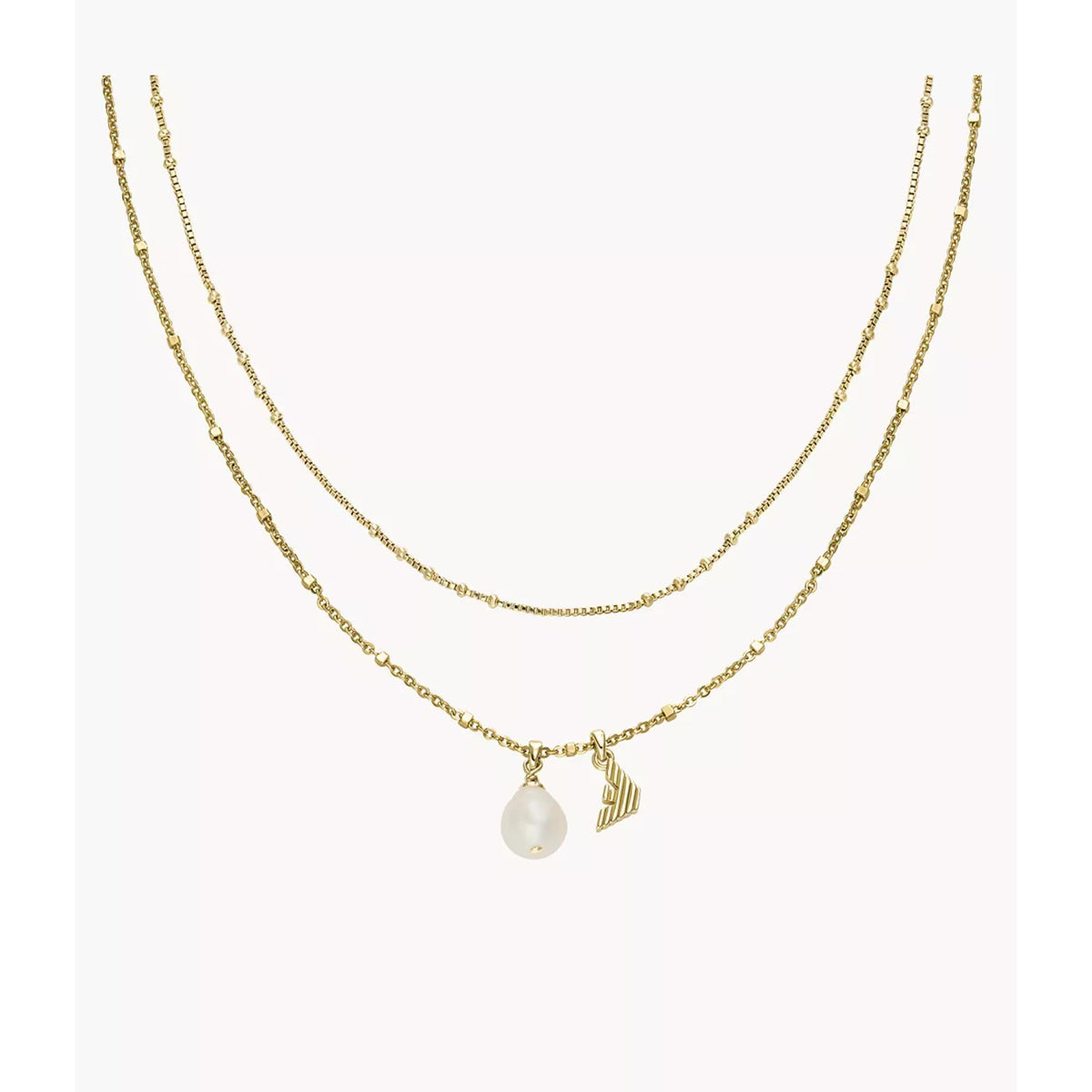 Gold-tone triple-layer pendant necklace with pearl round charm and ridged hand-shaped charm