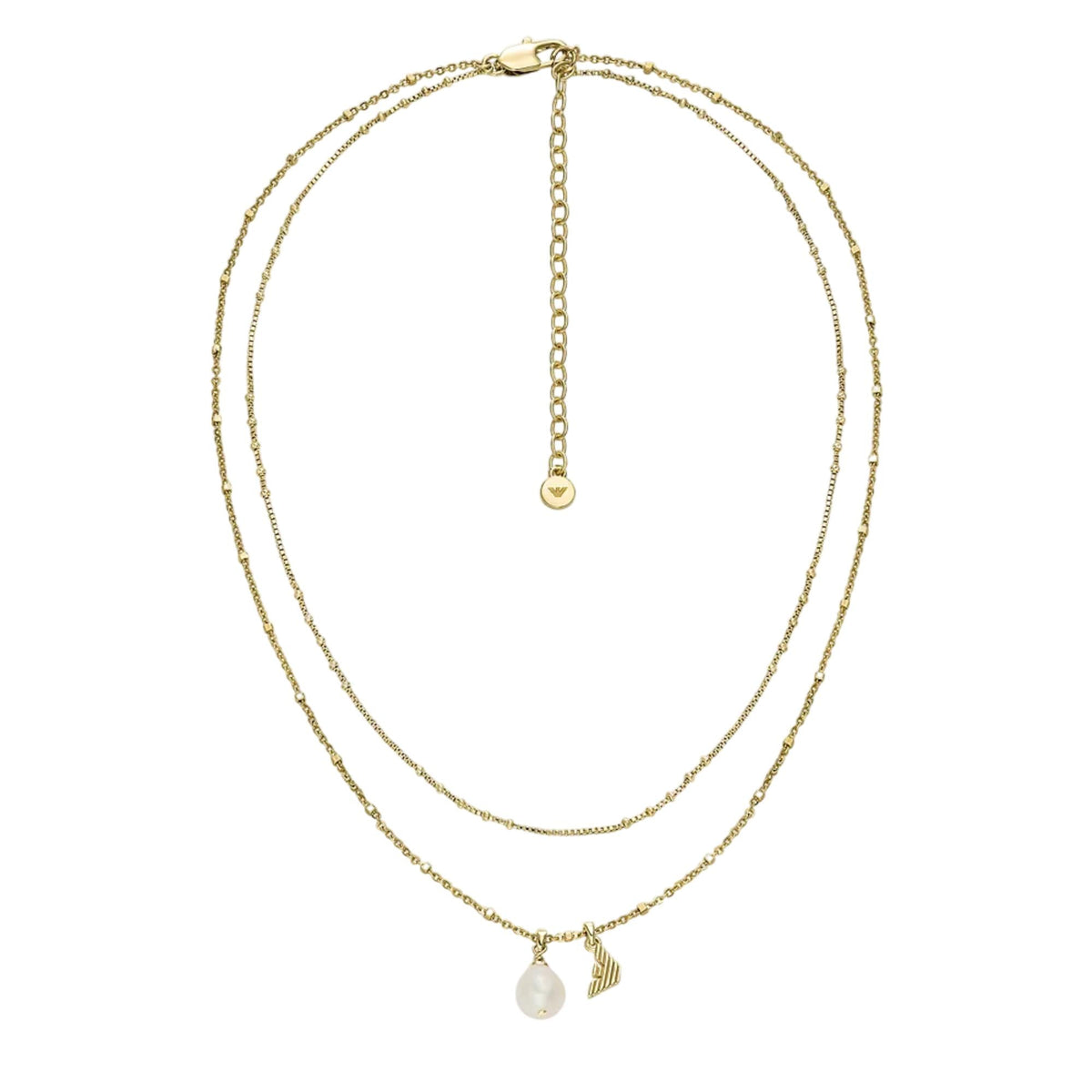 Gold-tone layered pendant necklace with round medallion and small pearl drop charm