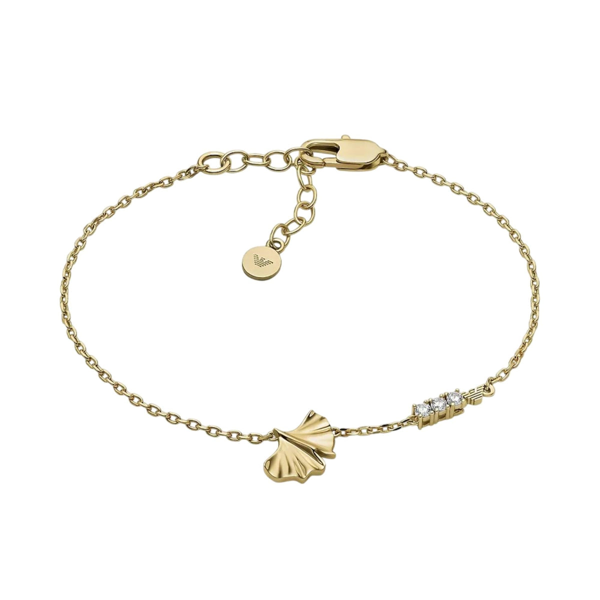 Full layflat view of Emporio Armani womens gold tone brass ID bracelet EGS3263710 showing leaf element and crystal bar detailing