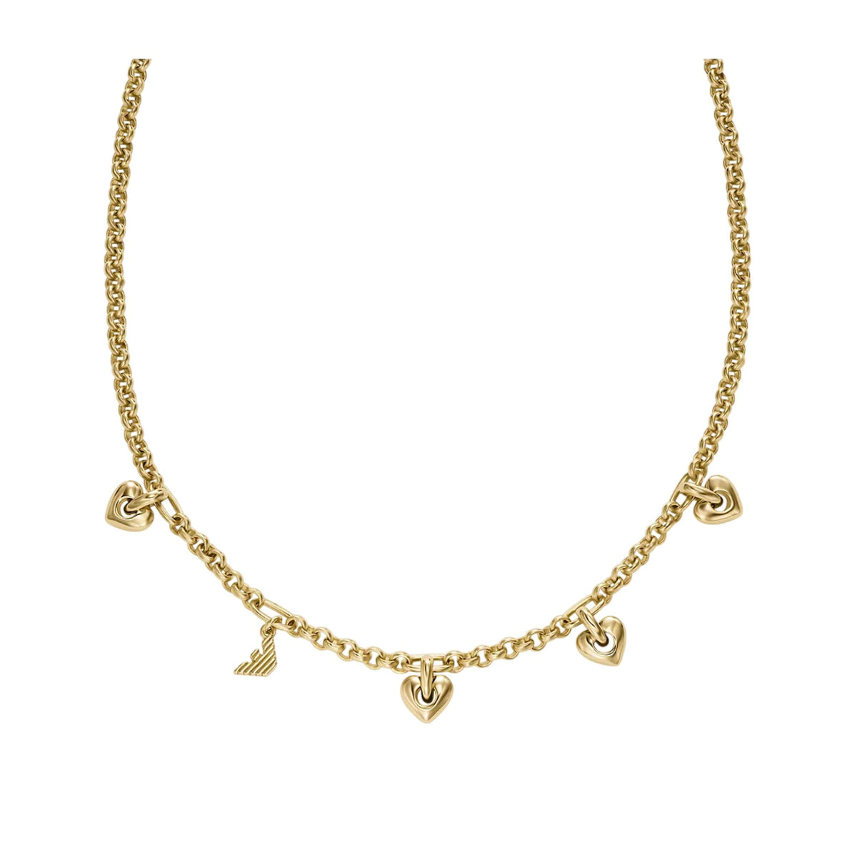Gold-tone chain pendant necklace with multiple heart charms and arrow charm