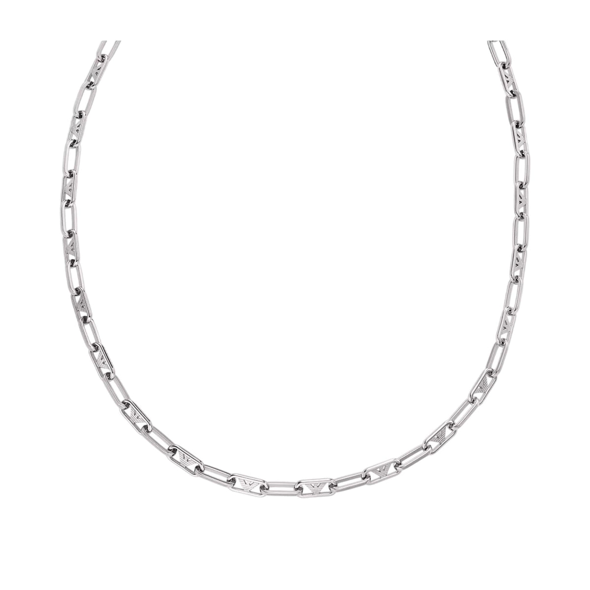 Close-up view of Emporio Armani mens stainless steel chain necklace EGS3248040 with repeating eagle emblem links
