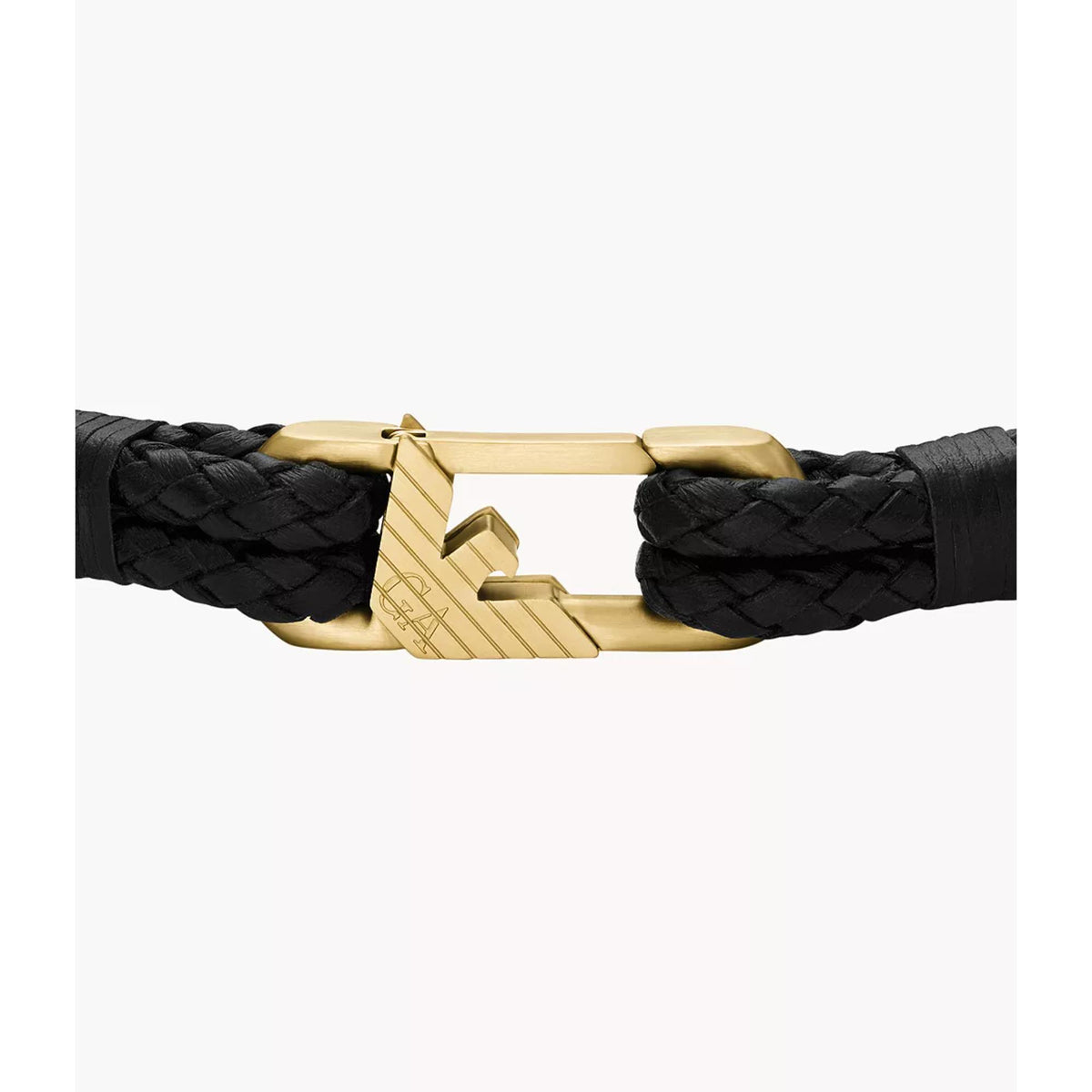 Close-up of black braided leather ID bracelet with gold-tone geometric buckle