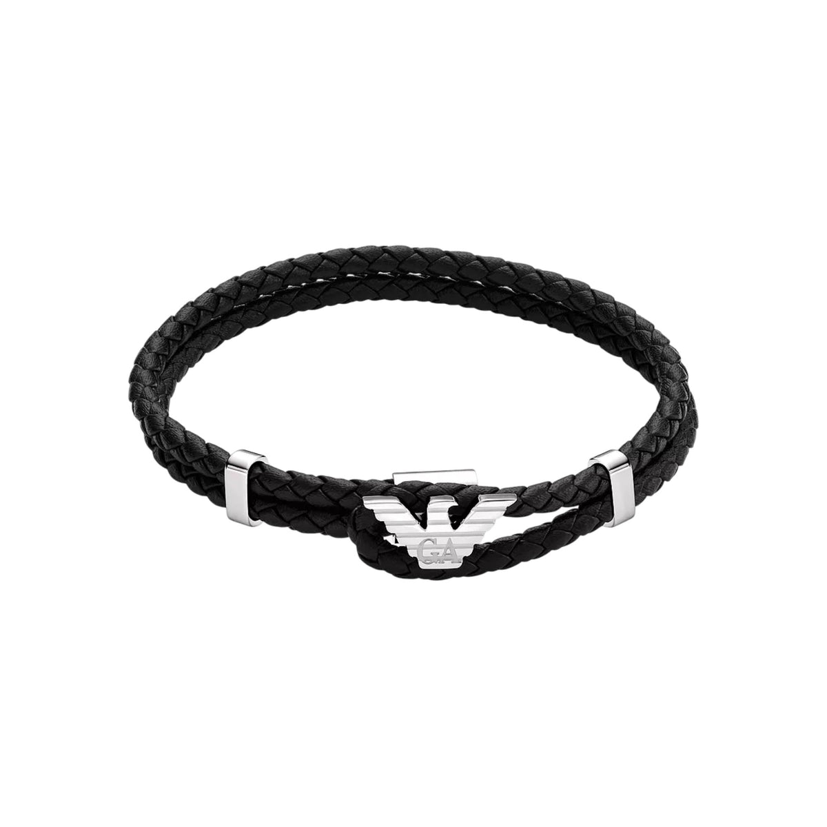 Black braided leather ID bracelet with silver clasp and center engraved insignia