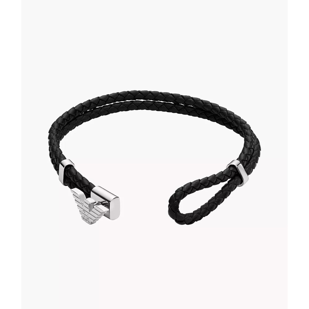 Men's black braided leather ID bracelet with polished metal clasp and logo ends