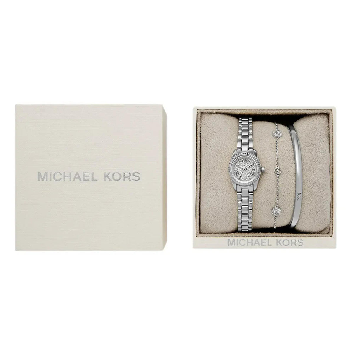Women's quartz watch set with crystal pave silver dial and steel bracelet, in box