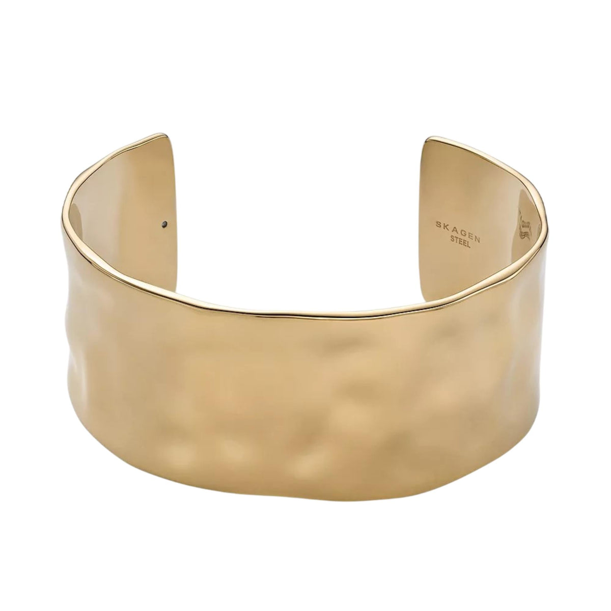 Gold-tone cuff bracelet with branded interior and smooth wide curved band