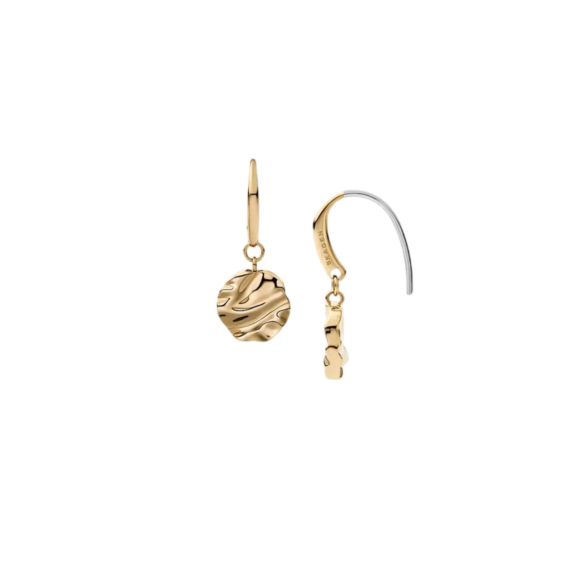 Gold-tone wave medallion drop earrings with curved hook backs, front view