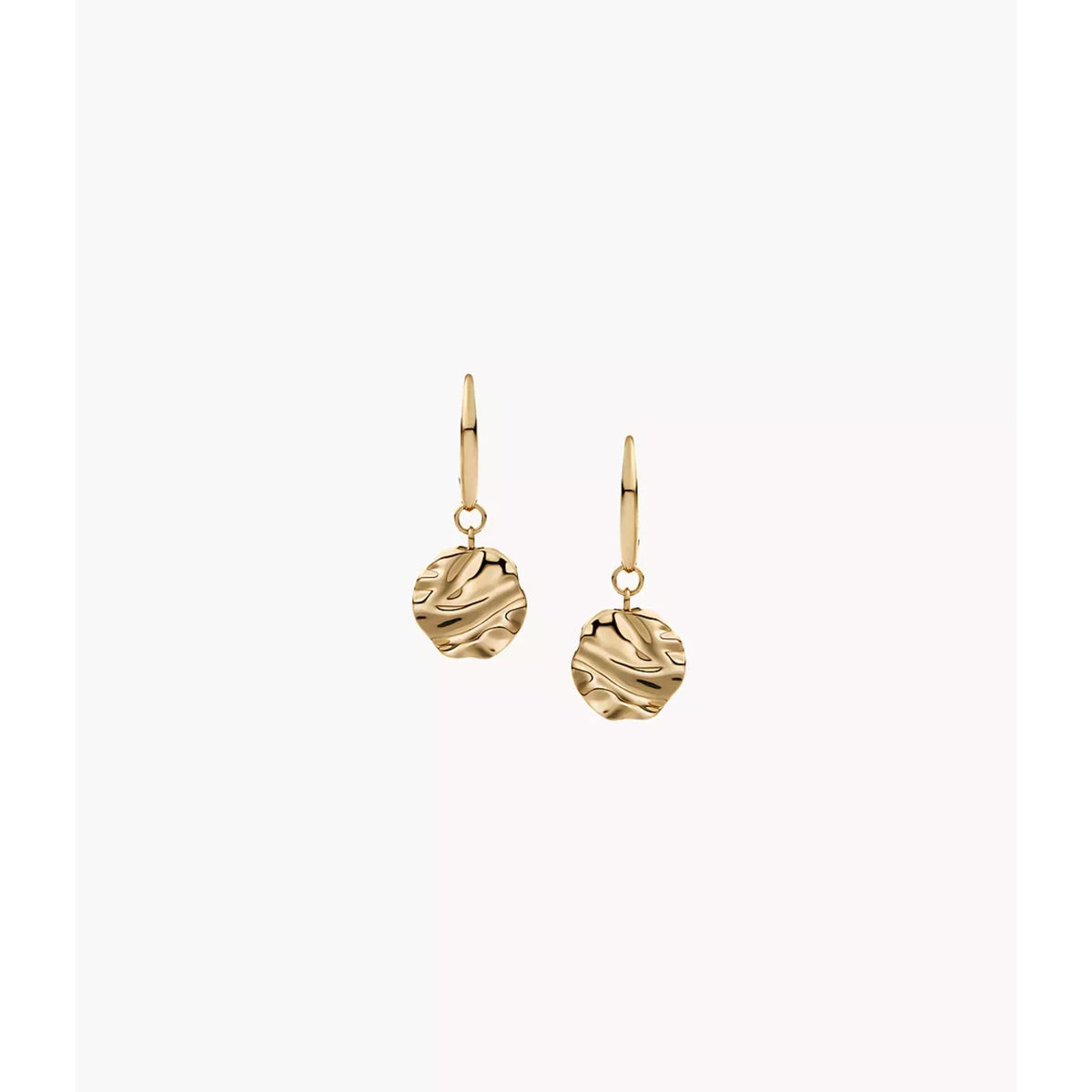 Gold-tone wave medallion drop earrings pair, front view on white background