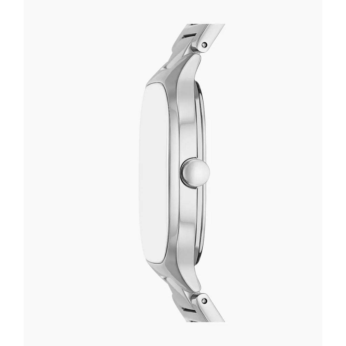 Men's quartz watch side profile with silver case and crown, on stainless steel strap