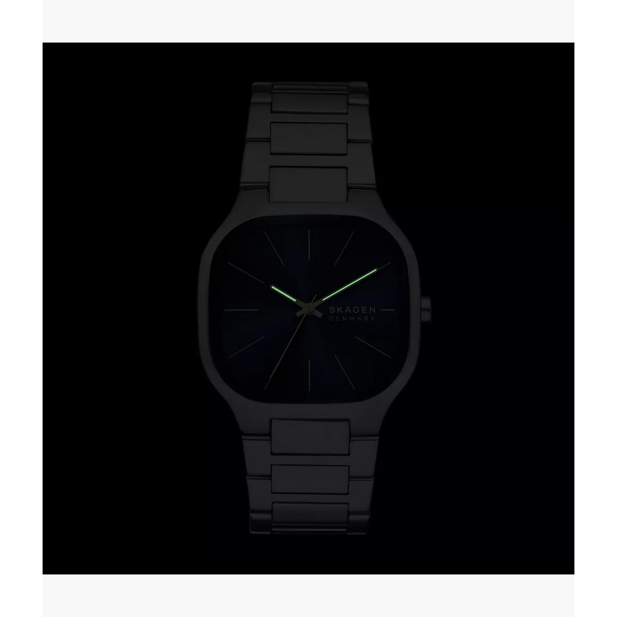 Men's quartz watch with dark blue dial and black steel bracelet, neon green hands visible