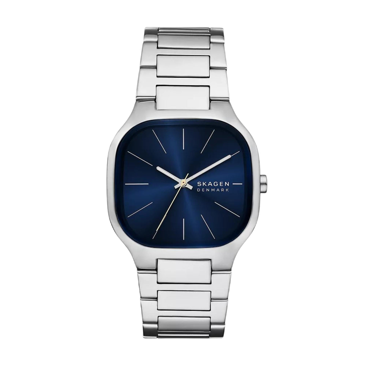 Men's quartz watch with navy blue dial, gold-tone hands, silver steel bracelet