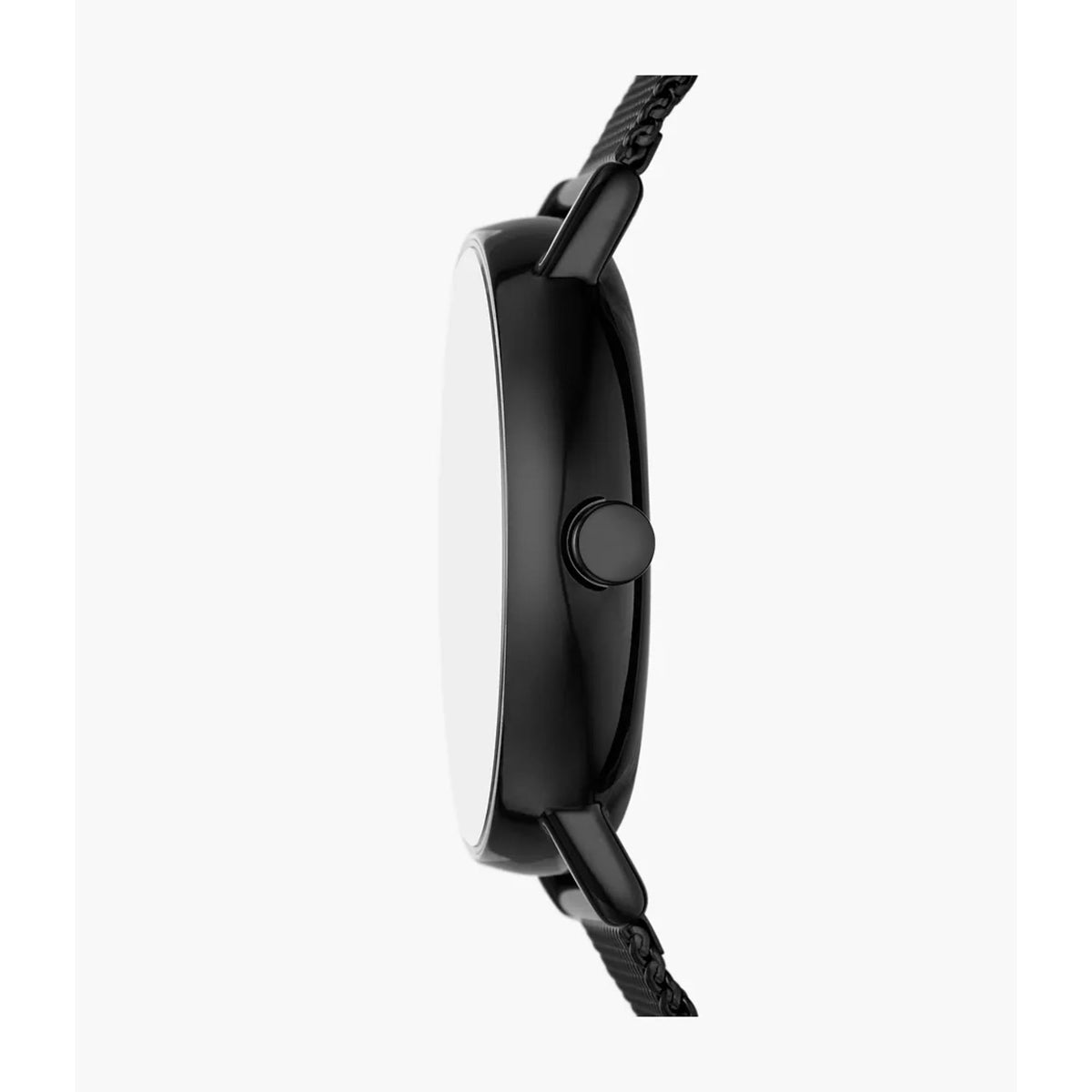 Men's watch side view with black case and black mesh strap