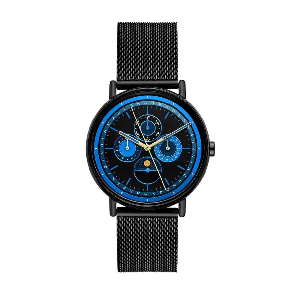 Men's wristwatch front view with blue chronograph dial and black mesh strap