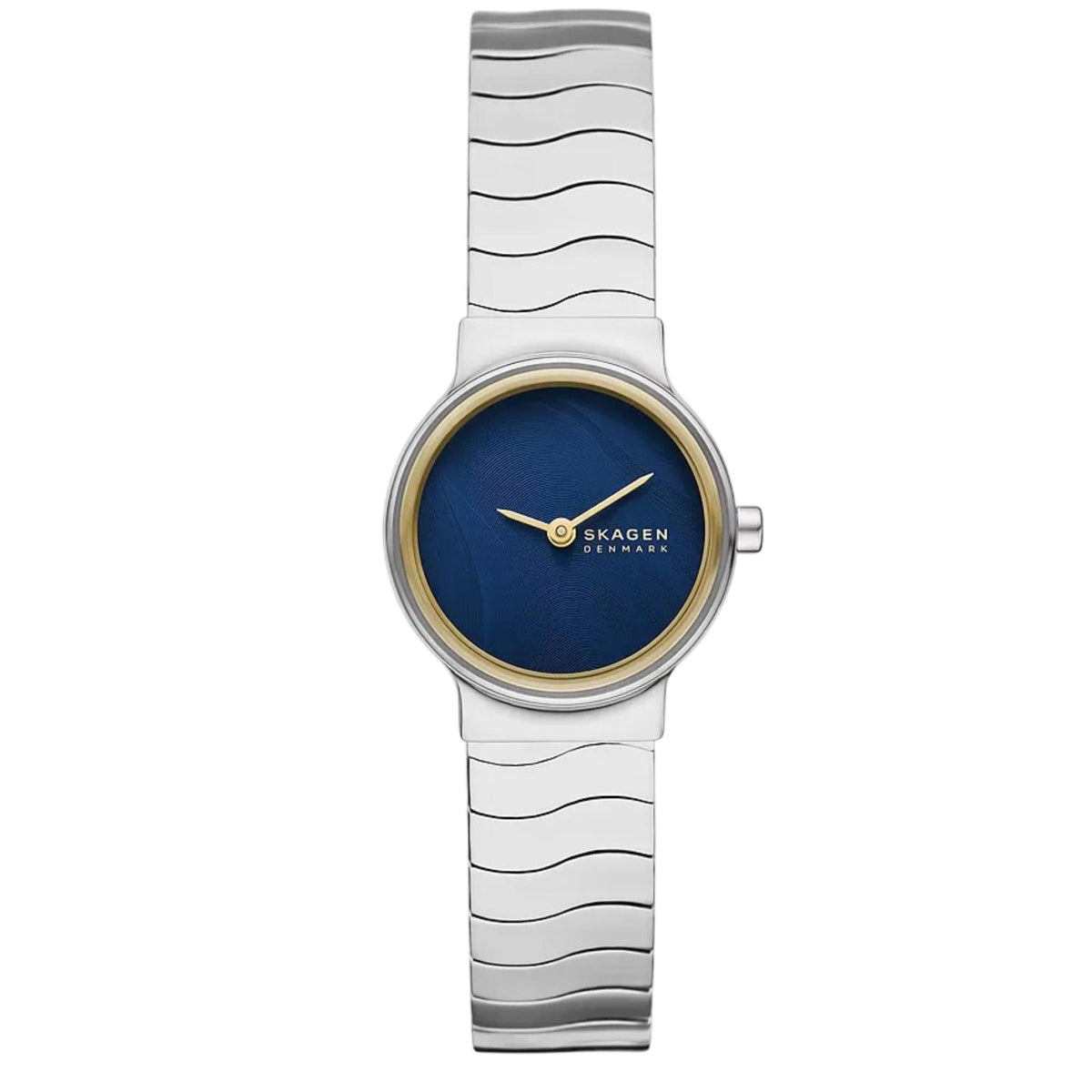 Skagen Freja quartz watch with blue dial, gold-tone bezel, steel wavy strap