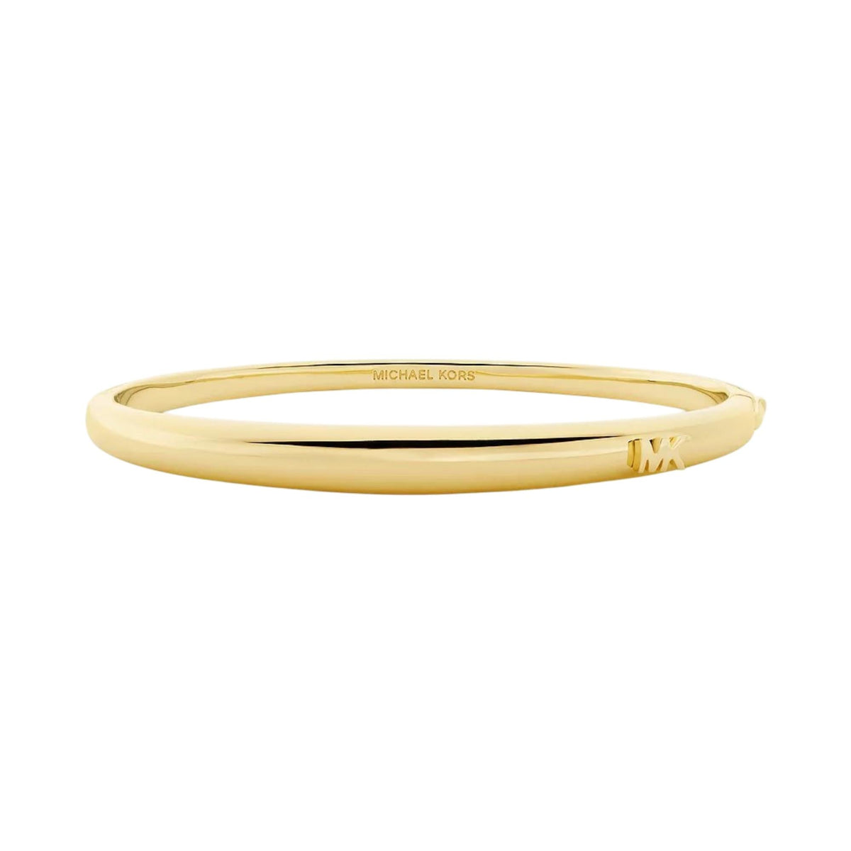 Gold-tone bangle bracelet with Michael Kors logo engraving and MK emblem end detail